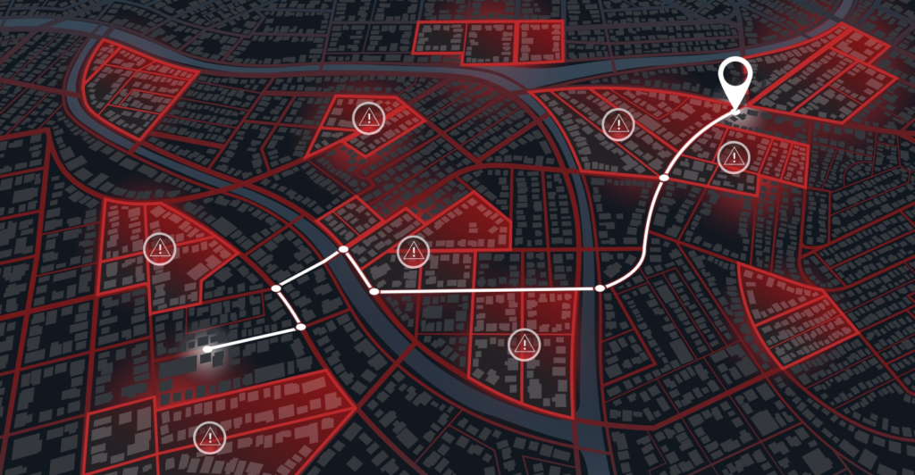 Map tracking the route of a person of interest and highlighting risk areas with high-accuracy network location intelligence