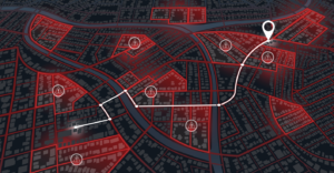 Map tracking the route of a person of interest and highlighting risk areas with high-accuracy network location intelligence