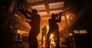 Silhouetted Counterterrorism agents raiding a building with automatic weapons drawn