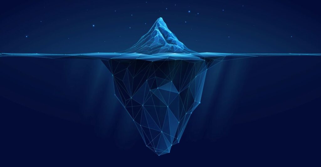 A digital representation of an iceberg, most of which is underwater