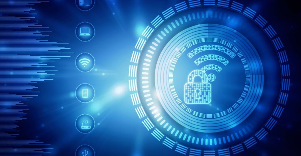 A digitized image of a padlock and WiFi symbol surrounded by a network of mobile devices